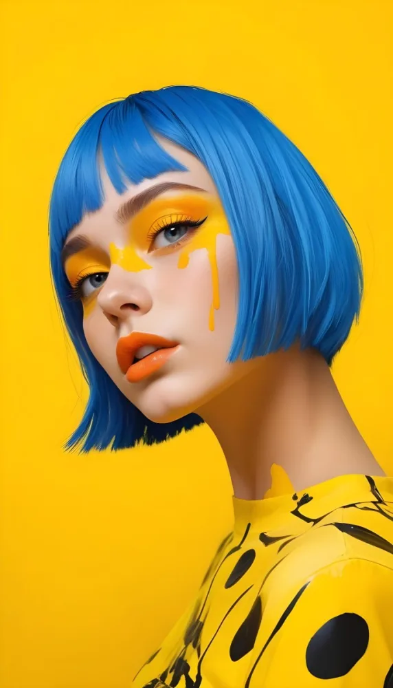 A Caucasian Girl Age 21 With Orange Hair And Yellow Paint On Her Face Blue Lips In A Orange Background 2 8e12
