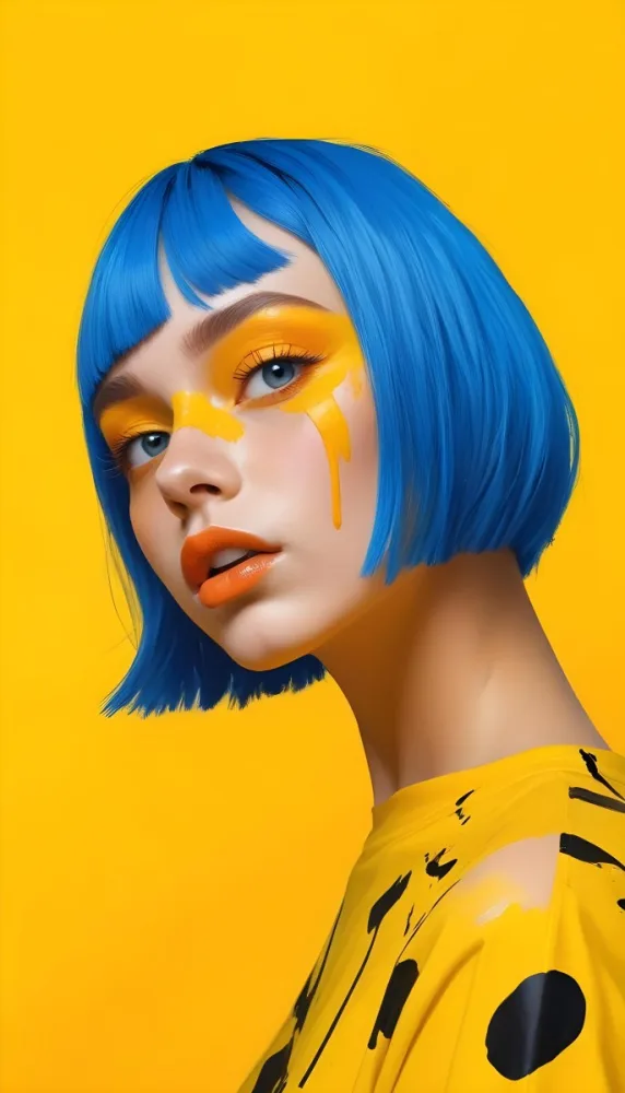 A Caucasian Girl Age 21 With Orange Hair And Yellow Paint On Her Face Blue Lips In A Orange Background 3 Cbe7