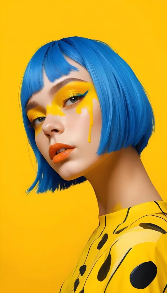 A Caucasian Girl Age 21 With Orange Hair And Yellow Paint On Her Face Blue Lips In A Orange Background 4 C215