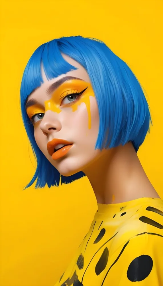 A Caucasian Girl Age 21 With Orange Hair And Yellow Paint On Her Face Blue Lips In A Orange Background 7 Bd72
