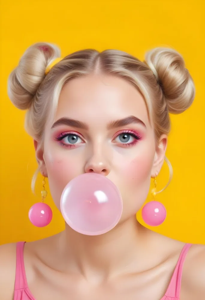 A Caucasian Girl Age 22 Blonde Hair In Two Buns Blowing A Bubble With A Bubblegum Pink Earrings Colorful Makeup Yellow Background 15 D5d9