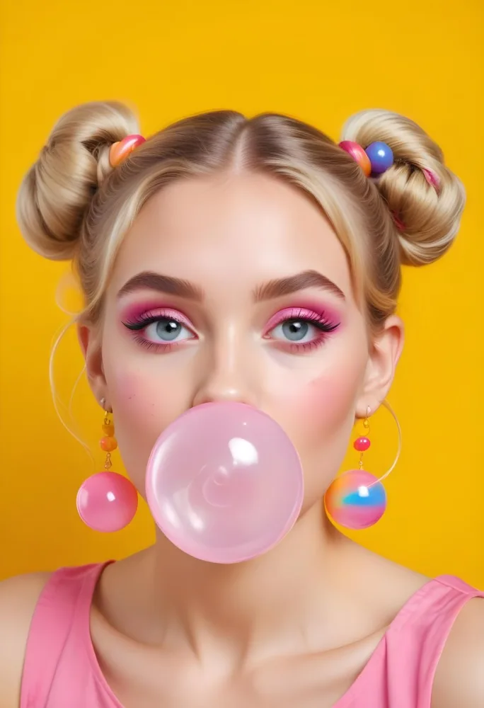 A Caucasian Girl Age 22 Blonde Hair In Two Buns Blowing A Bubble With A Bubblegum Pink Earrings Colorful Makeup Yellow Background 30 6d37
