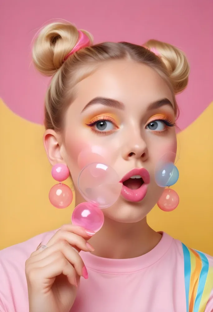 A Caucasian Girl Age 22 Blonde Hair In Two Buns Blowing A Bubble With A Bubblegum Pink Earrings Colorful Makeup Yellow Background 33 9171