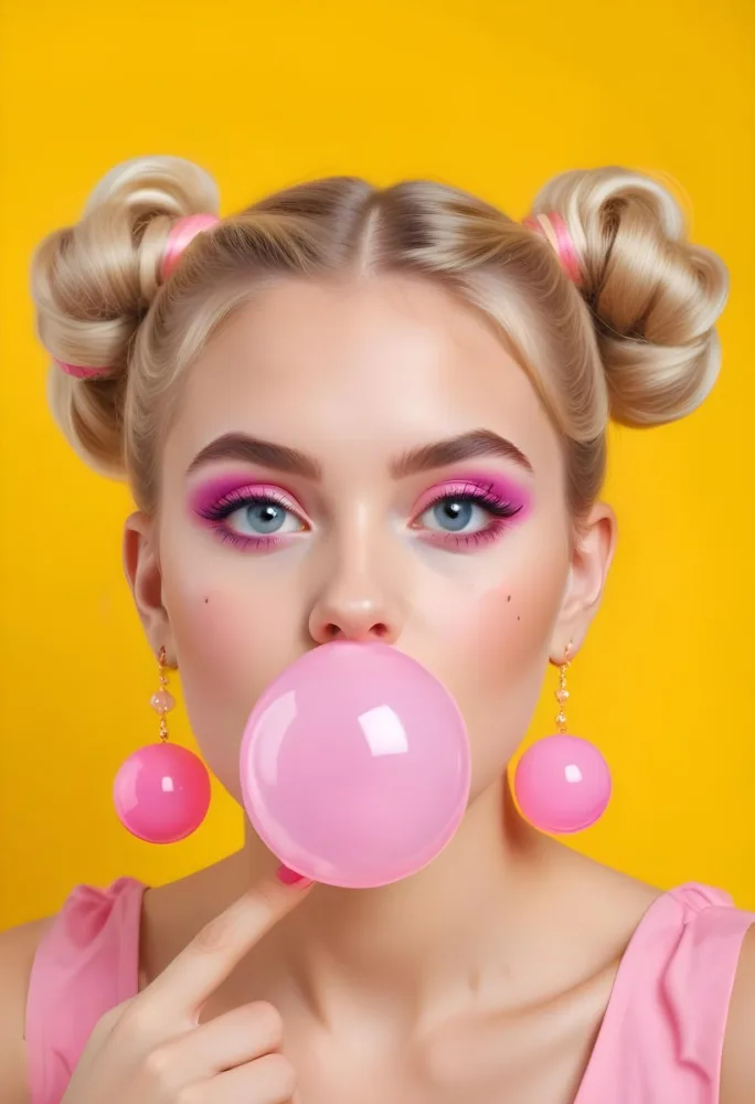A Caucasian Girl Age 22 Blonde Hair In Two Buns Blowing A Bubble With A Bubblegum Pink Earrings Colorful Makeup Yellow Background 34 Ee2a