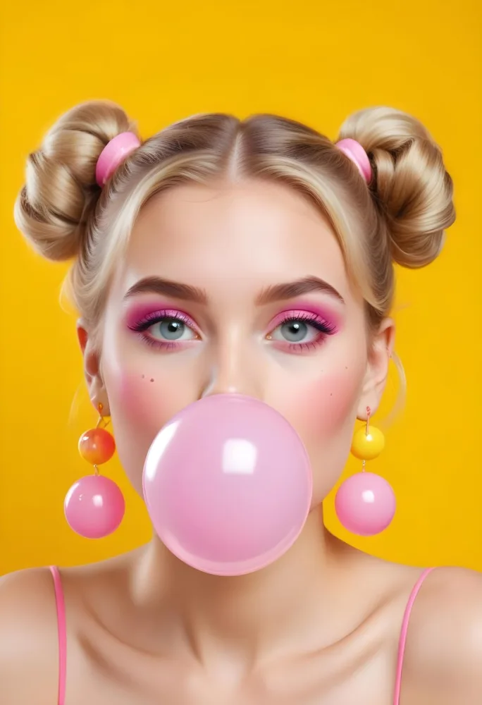 A Caucasian Girl Age 22 Blonde Hair In Two Buns Blowing A Bubble With A Bubblegum Pink Earrings Colorful Makeup Yellow Background 7 Ca3f
