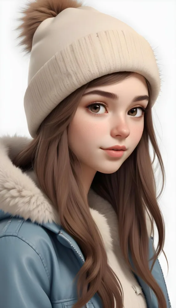 A Caucasian Girl With Fair Skin 19 Years Old Long Brown Hair Wearing A White Beanie And A Jacket With Fur Collar In A White Background 7 02c0