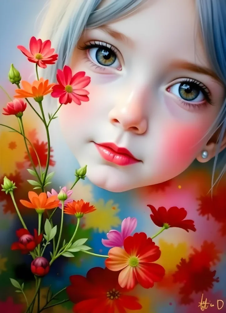 A Caucasian Girl With Fair Skin 7 Years Old Light Blue Hair Looking At Camera With Flowers In A Colorful Background Watercolor Style Soft Colors High Detail 15 0841 073c