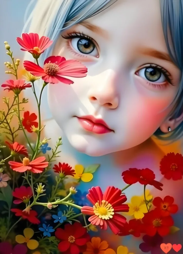 A Caucasian Girl With Fair Skin 7 Years Old Light Blue Hair Looking At Camera With Flowers In A Colorful Background Watercolor Style Soft Colors High Detail 17 4eed
