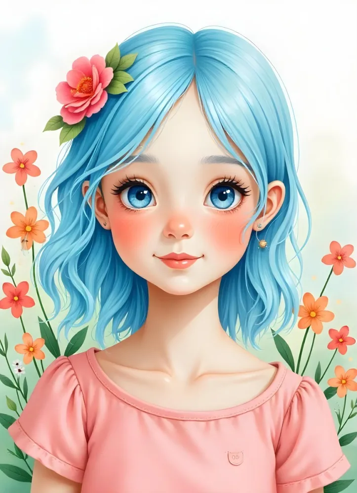 A Caucasian Girl With Fair Skin 7 Years Old Light Blue Hair Looking At Camera With Flowers In A Colorful Background Watercolor Style Soft Colors High Detail 18 A452