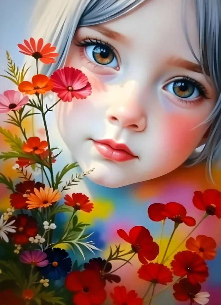 A Caucasian Girl With Fair Skin 7 Years Old Light Blue Hair Looking At Camera With Flowers In A Colorful Background Watercolor Style Soft Colors High Detail 19 85c0