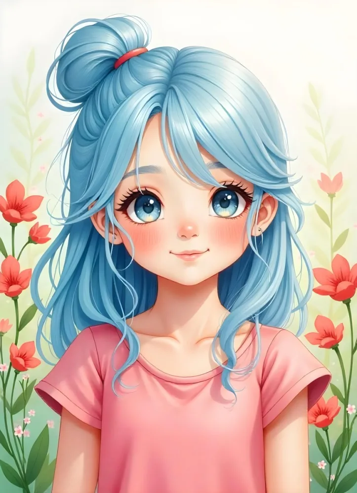 A Caucasian Girl With Fair Skin 7 Years Old Light Blue Hair Looking At Camera With Flowers In A Colorful Background Watercolor Style Soft Colors High Detail 20 D115 1189