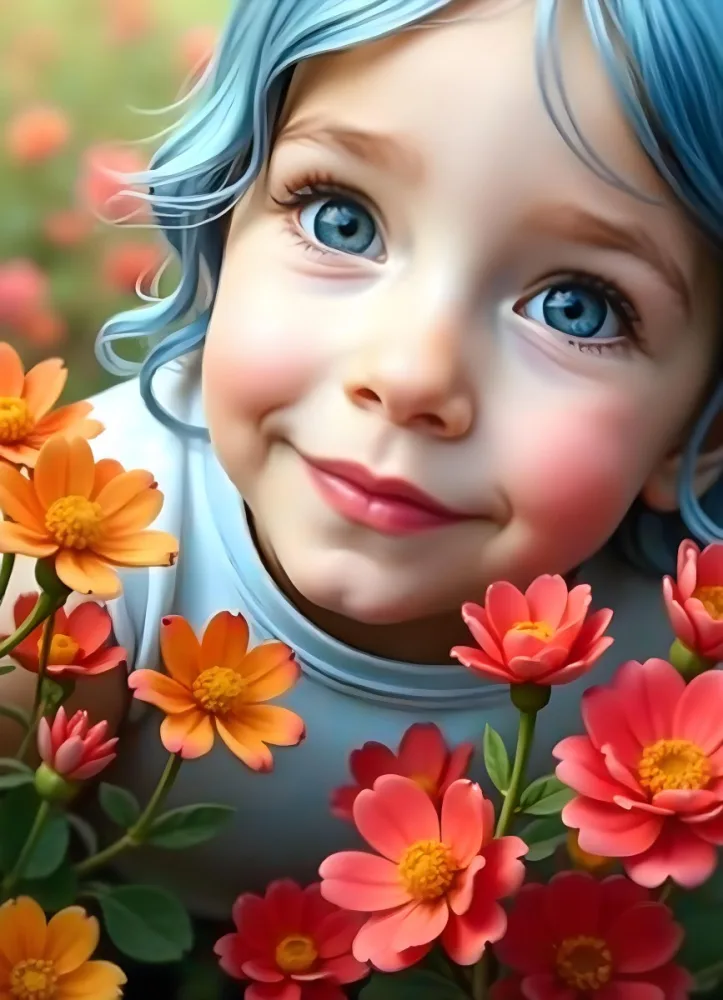 A Caucasian Girl With Fair Skin 7 Years Old Light Blue Hair Looking At Camera With Flowers In A Colorful Background Watercolor Style Soft Colors High Detail 21 B87c