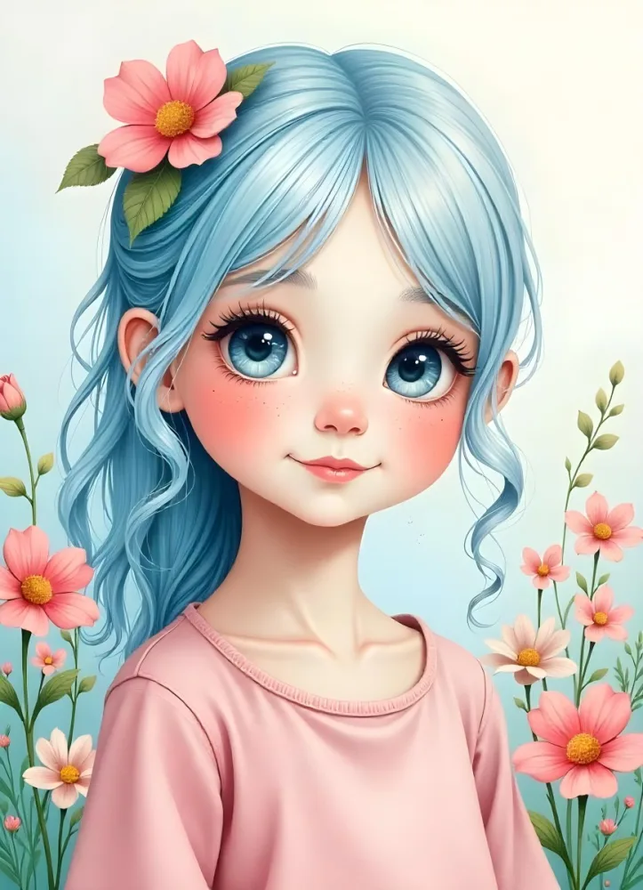 A Caucasian Girl With Fair Skin 7 Years Old Light Blue Hair Looking At Camera With Flowers In A Colorful Background Watercolor Style Soft Colors High Detail 22 0631