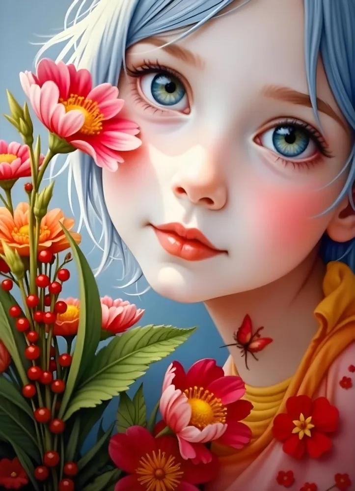 A Caucasian Girl With Fair Skin 7 Years Old Light Blue Hair Looking At Camera With Flowers In A Colorful Background Watercolor Style Soft Colors High Detail 23 Dd1b