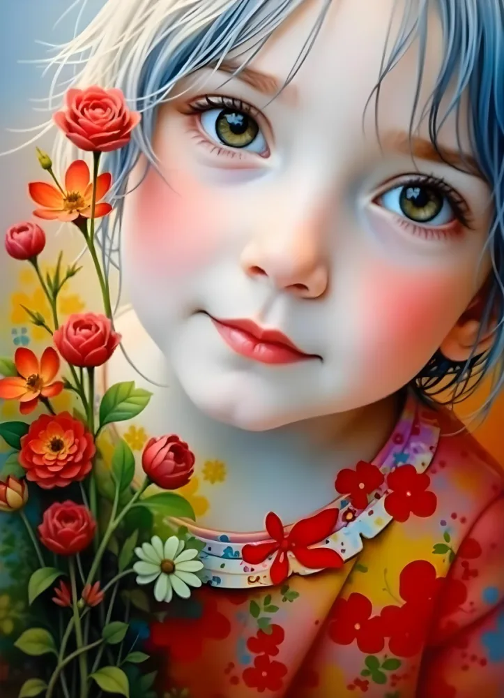 A Caucasian Girl With Fair Skin 7 Years Old Light Blue Hair Looking At Camera With Flowers In A Colorful Background Watercolor Style Soft Colors High Detail 24 A587