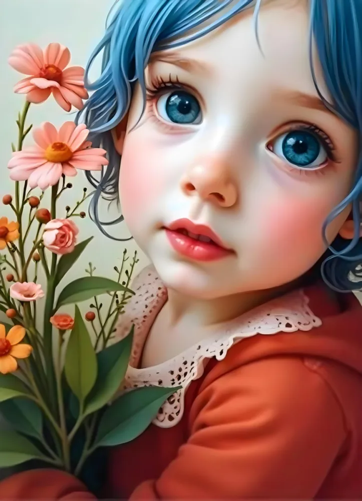 A Caucasian Girl With Fair Skin 7 Years Old Light Blue Hair Looking At Camera With Flowers In A Colorful Background Watercolor Style Soft Colors High Detail 28 Dce1