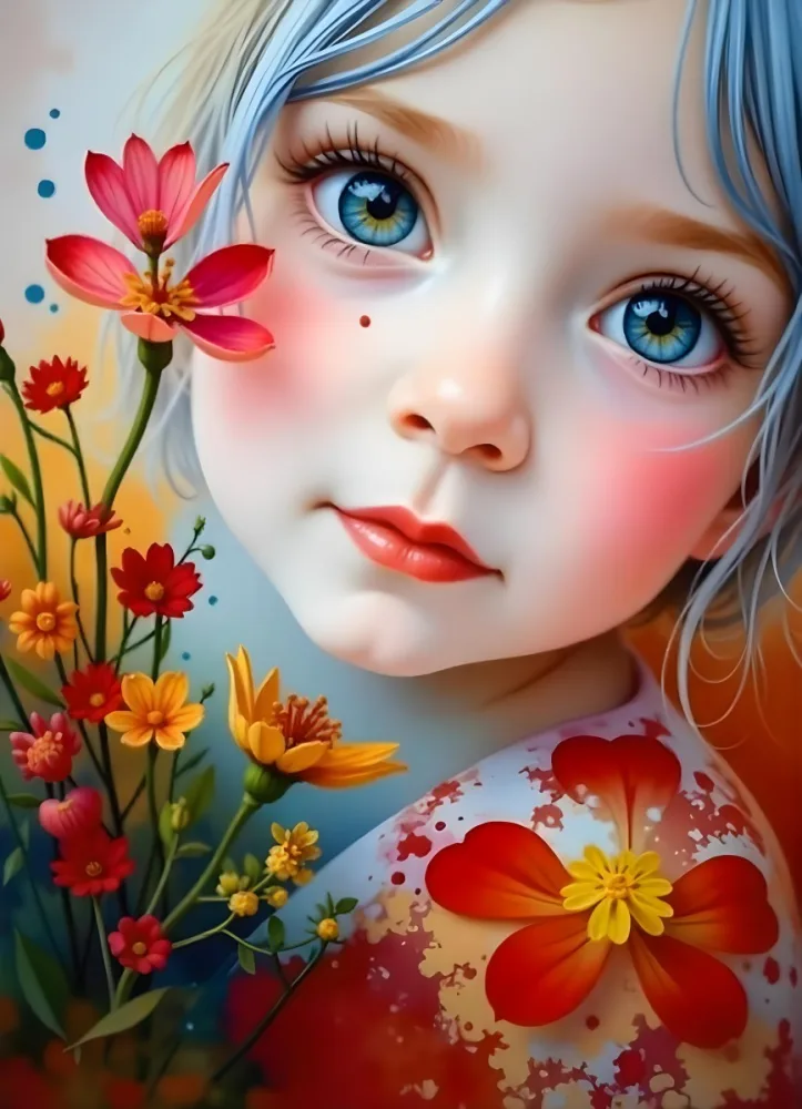 A Caucasian Girl With Fair Skin 7 Years Old Light Blue Hair Looking At Camera With Flowers In A Colorful Background Watercolor Style Soft Colors High Detail 6 B422 Cad9