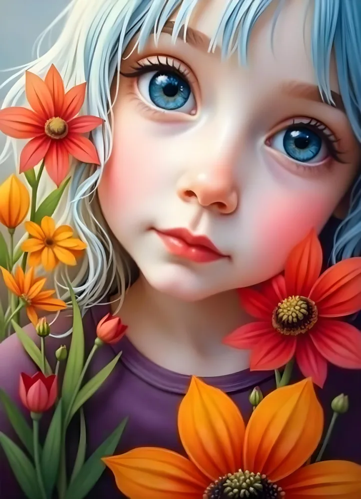 A Caucasian Girl With Fair Skin 7 Years Old Light Blue Hair Looking At Camera With Flowers In A Colorful Background Watercolor Style Soft Colors High Detail 7 Ebd7