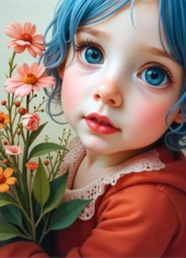 A Caucasian Girl With Fair Skin 7 Years Old Light Blue Hair Looking At Camera With Flowers In A Colorful Background Watercolor Style Soft Colors High Detail 8 0fa7 0334
