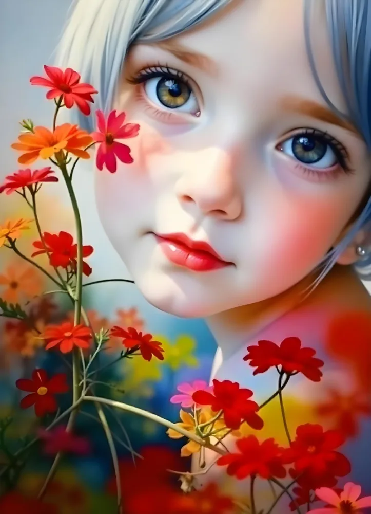 A Caucasian Girl With Fair Skin 7 Years Old Light Blue Hair Looking At Camera With Flowers In A Colorful Background Watercolor Style Soft Colors High Detail 9 D4fb