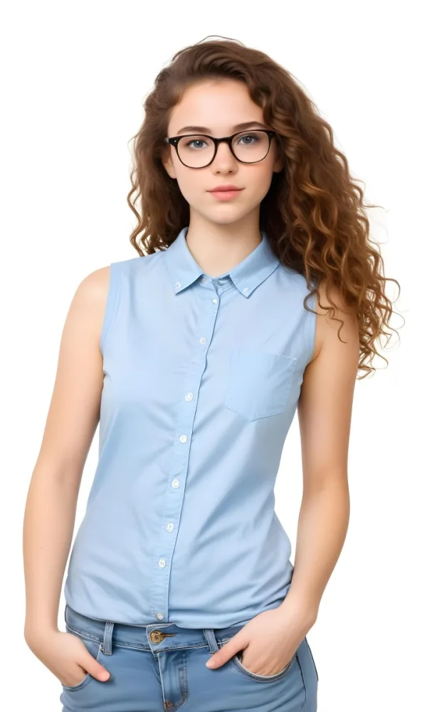 A Caucasian Girl With Glasses 22 Years Old Curly Brown Hair Wearing A Blue Shirt In A White Background 11 2b8e