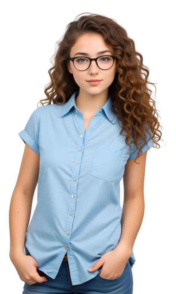 A Caucasian Girl With Glasses 22 Years Old Curly Brown Hair Wearing A Blue Shirt In A White Background 24 C58c