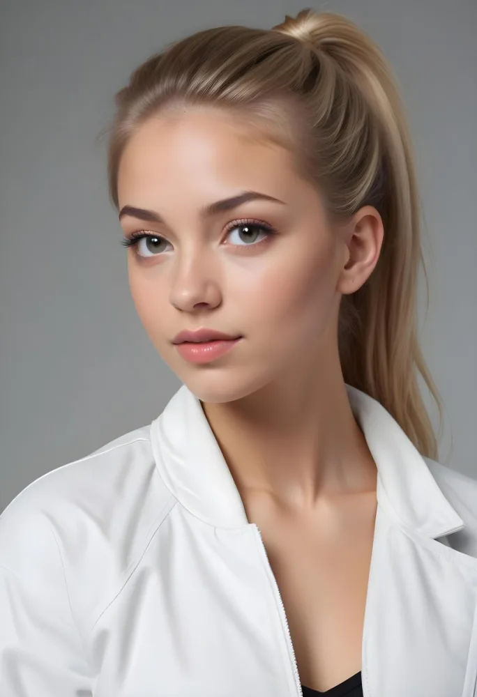 A Caucasian Woman 21 Years Old Light Skin Blonde Hair In A Ponytail Wearing A White Jacket In A Grey Background 10 5851