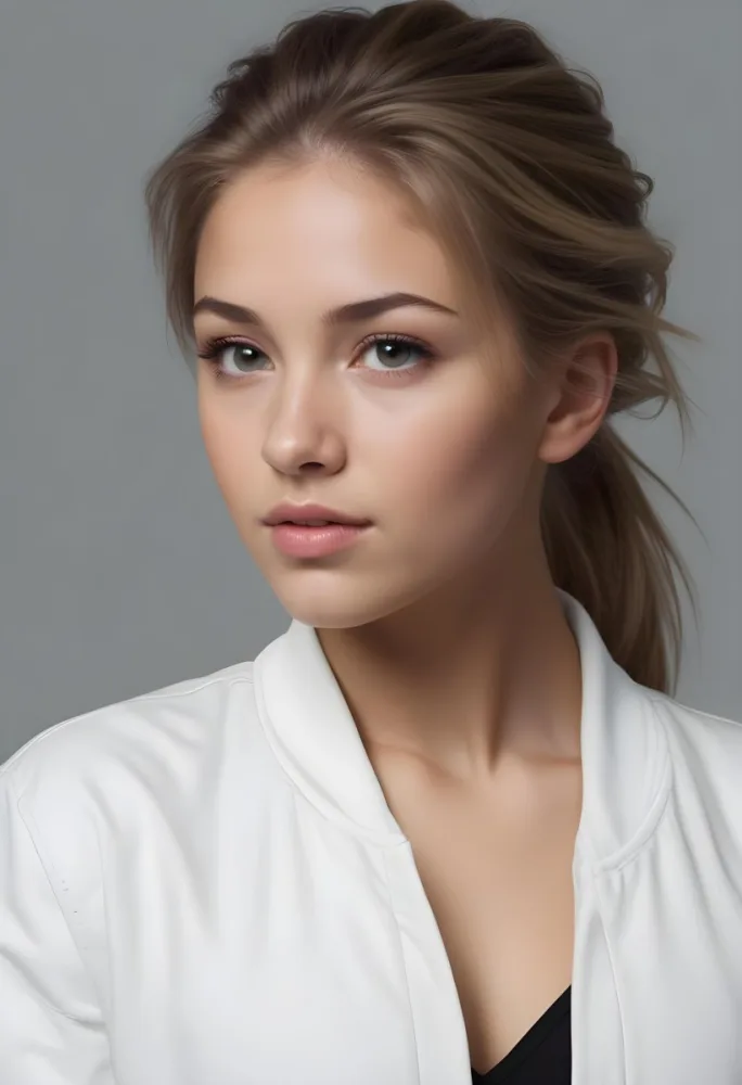 A Caucasian Woman 21 Years Old Light Skin Blonde Hair In A Ponytail Wearing A White Jacket In A Grey Background 13 56a5
