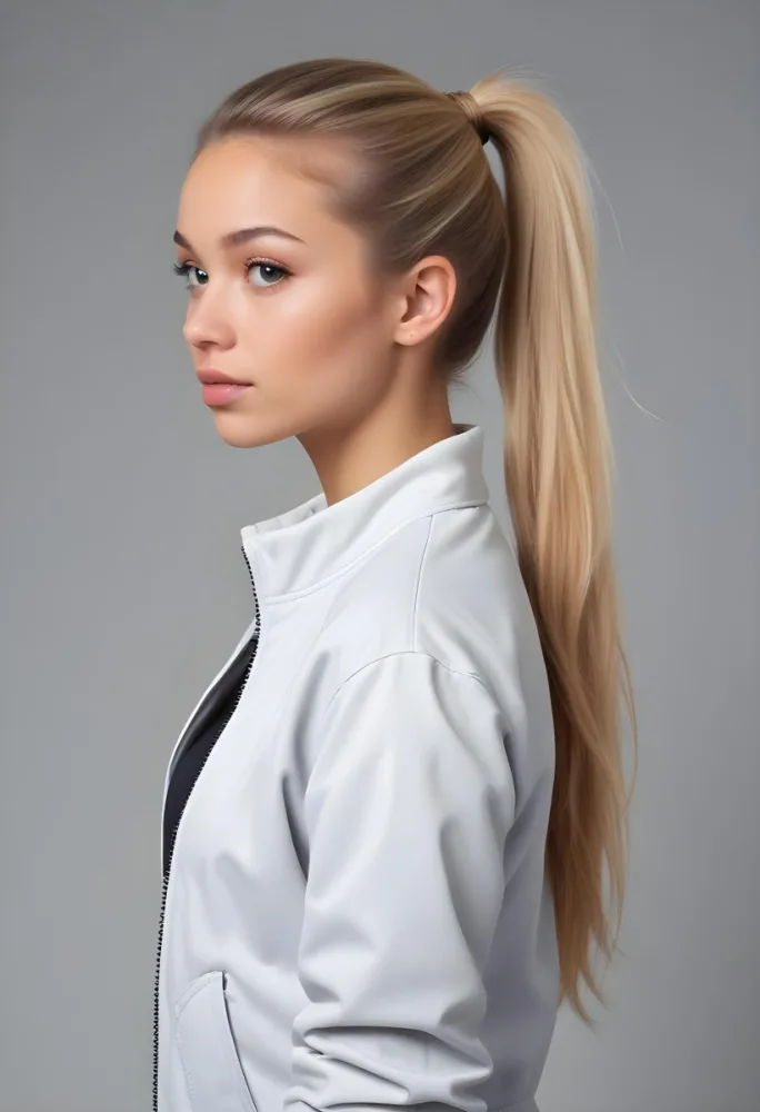 A Caucasian Woman 21 Years Old Light Skin Blonde Hair In A Ponytail Wearing A White Jacket In A Grey Background 14 Caa0