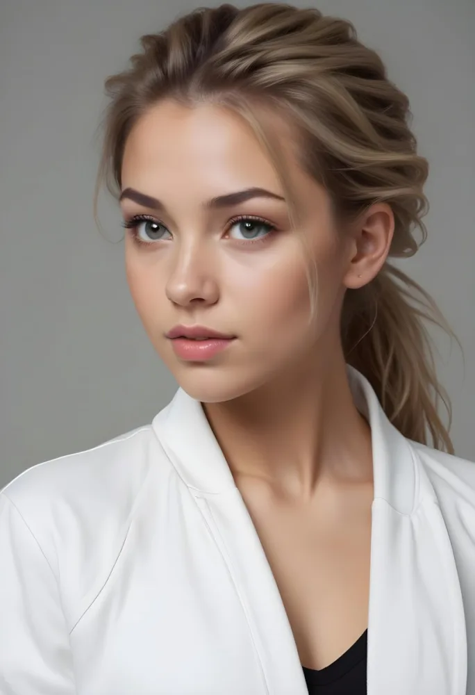 A Caucasian Woman 21 Years Old Light Skin Blonde Hair In A Ponytail Wearing A White Jacket In A Grey Background 5 965a