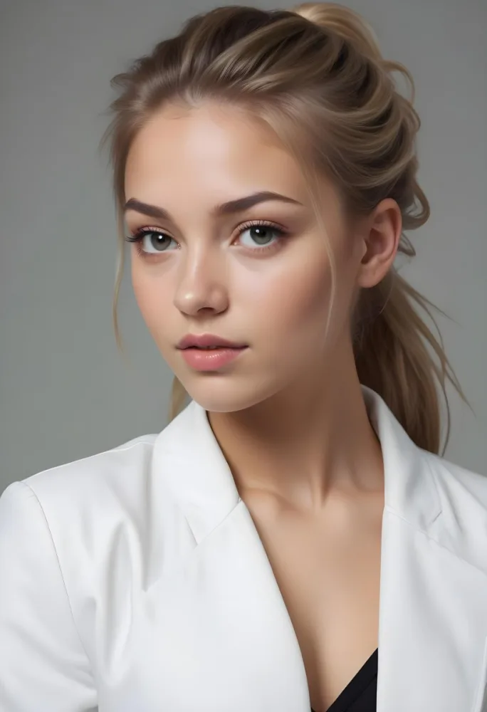 A Caucasian Woman 21 Years Old Light Skin Blonde Hair In A Ponytail Wearing A White Jacket In A Grey Background 7 Ea93