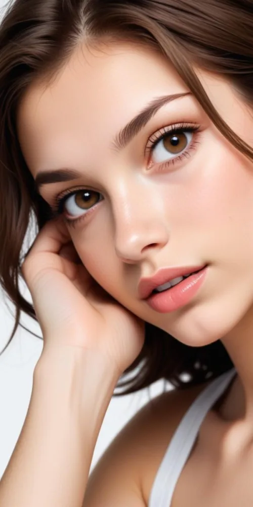 A Caucasian Woman 21 Years Old Light Skin Brown Hair Light Brown Eyes Light Lips Looking At The Camera In A White Background 16 74e8