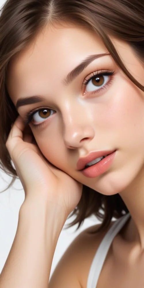 A Caucasian Woman 21 Years Old Light Skin Brown Hair Light Brown Eyes Light Lips Looking At The Camera In A White Background 17 F2d4
