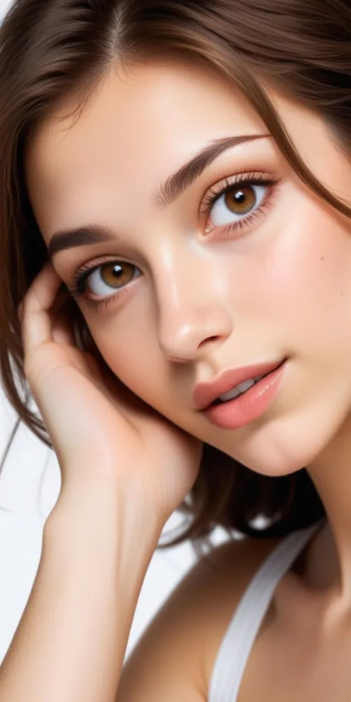 A Caucasian Woman 21 Years Old Light Skin Brown Hair Light Brown Eyes Light Lips Looking At The Camera In A White Background 18 51a1