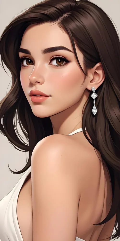 A Caucasian Woman 22 Years Old Long Brown Hair Brown Eyes Wearing Diamond Earrings Light Skin In A White Dress Brown Blush Brown Lips Plain Background 2 5bb0