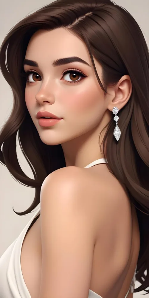 A Caucasian Woman 22 Years Old Long Brown Hair Brown Eyes Wearing Diamond Earrings Light Skin In A White Dress Brown Blush Brown Lips Plain Background 22 9f03