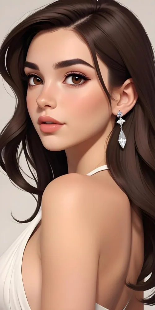 A Caucasian Woman 22 Years Old Long Brown Hair Brown Eyes Wearing Diamond Earrings Light Skin In A White Dress Brown Blush Brown Lips Plain Background 27 B7fd