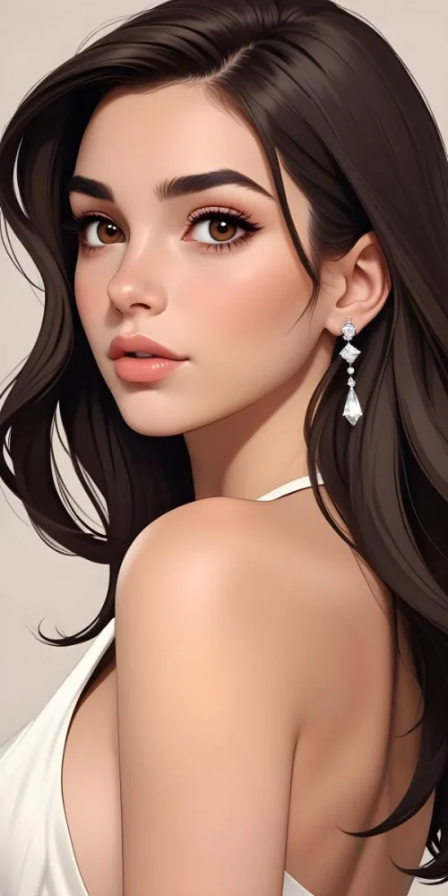 A Caucasian Woman 22 Years Old Long Brown Hair Brown Eyes Wearing Diamond Earrings Light Skin In A White Dress Brown Blush Brown Lips Plain Background 30 460a