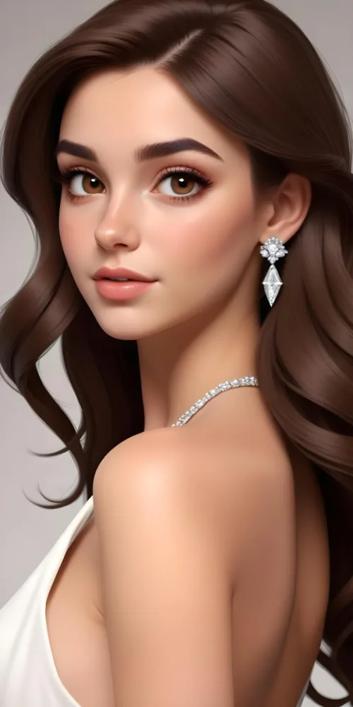 A Caucasian Woman 22 Years Old Long Brown Hair Brown Eyes Wearing Diamond Earrings Light Skin In A White Dress Brown Blush Brown Lips Plain Background 35 6b06