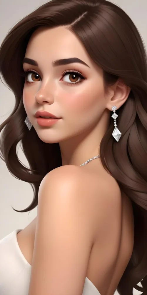 A Caucasian Woman 22 Years Old Long Brown Hair Brown Eyes Wearing Diamond Earrings Light Skin In A White Dress Brown Blush Brown Lips Plain Background 36 01fb
