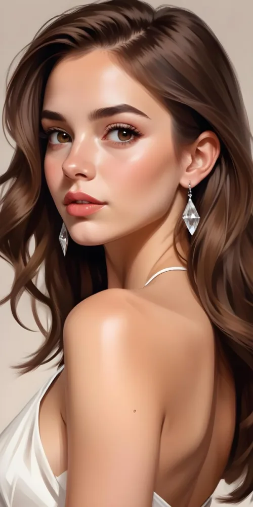 A Caucasian Woman 22 Years Old Long Brown Hair Brown Eyes Wearing Diamond Earrings Light Skin In A White Dress Brown Blush Brown Lips Plain Background 39 Cf35