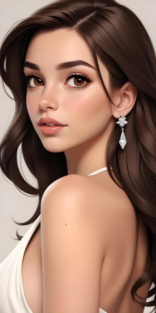 A Caucasian Woman 22 Years Old Long Brown Hair Brown Eyes Wearing Diamond Earrings Light Skin In A White Dress Brown Blush Brown Lips Plain Background 4 7288