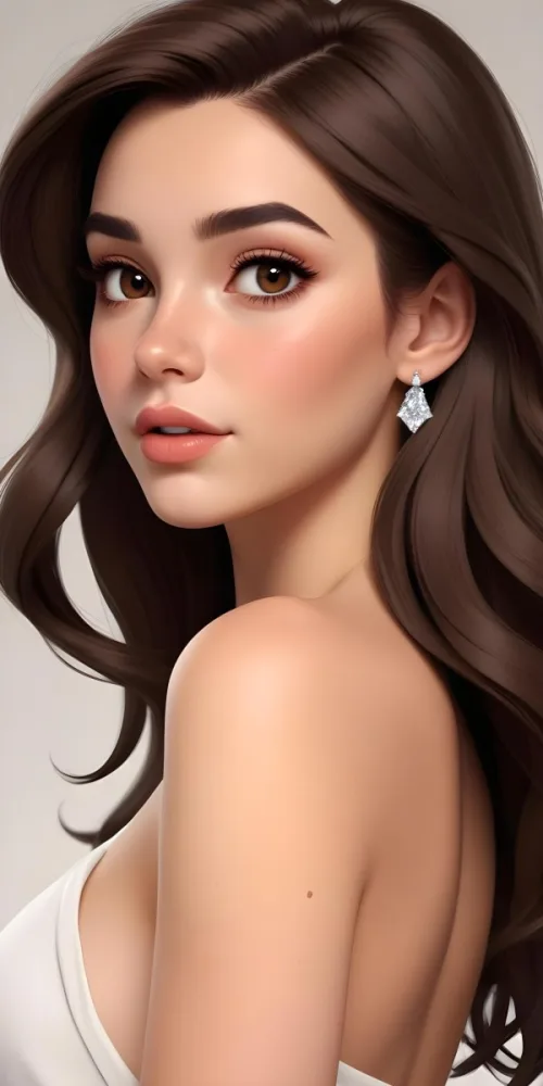 A Caucasian Woman 22 Years Old Long Brown Hair Brown Eyes Wearing Diamond Earrings Light Skin In A White Dress Brown Blush Brown Lips Plain Background 6 7c08