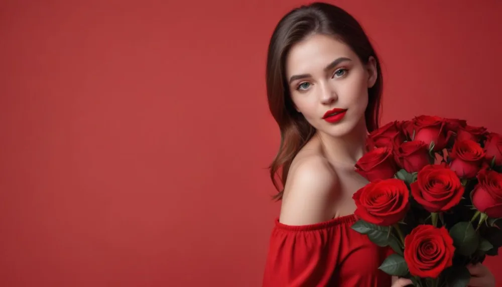 A Caucasian Woman 22 Years Old Red Lipstick Holding Red Roses In A Red Background 1 A501