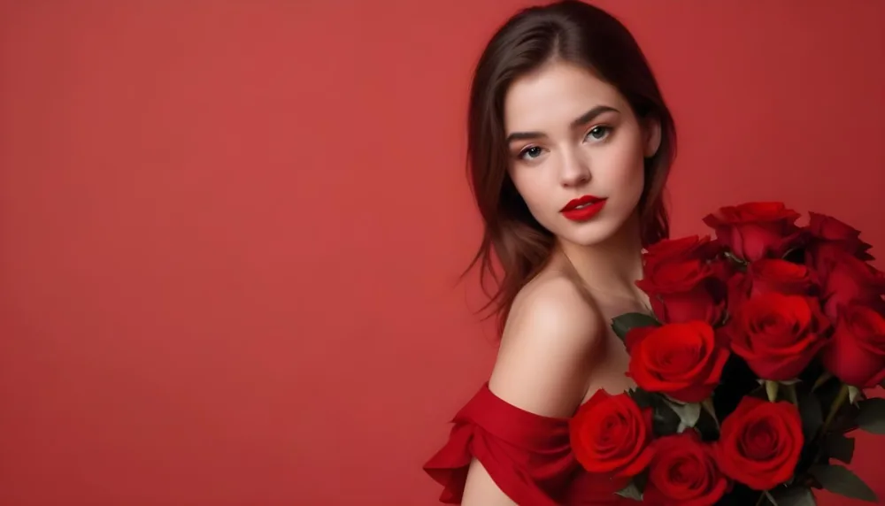 A Caucasian Woman 22 Years Old Red Lipstick Holding Red Roses In A Red Background 10 1b47