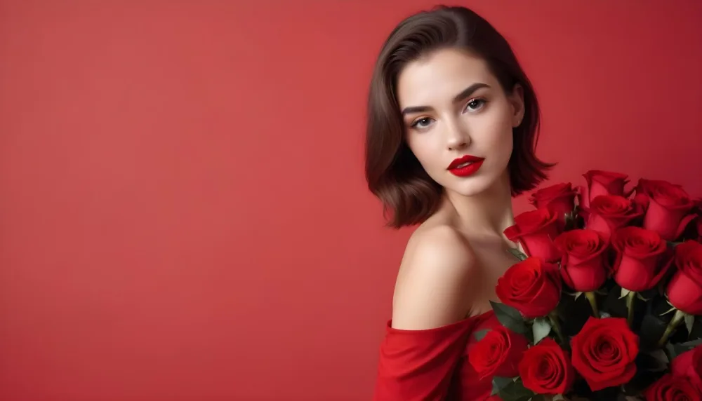 A Caucasian Woman 22 Years Old Red Lipstick Holding Red Roses In A Red Background 14 F495