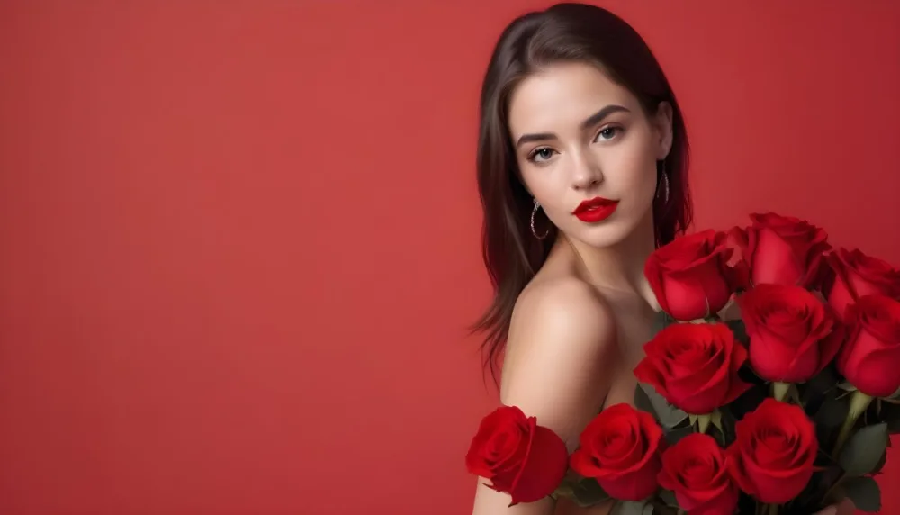 A Caucasian Woman 22 Years Old Red Lipstick Holding Red Roses In A Red Background 18 D618