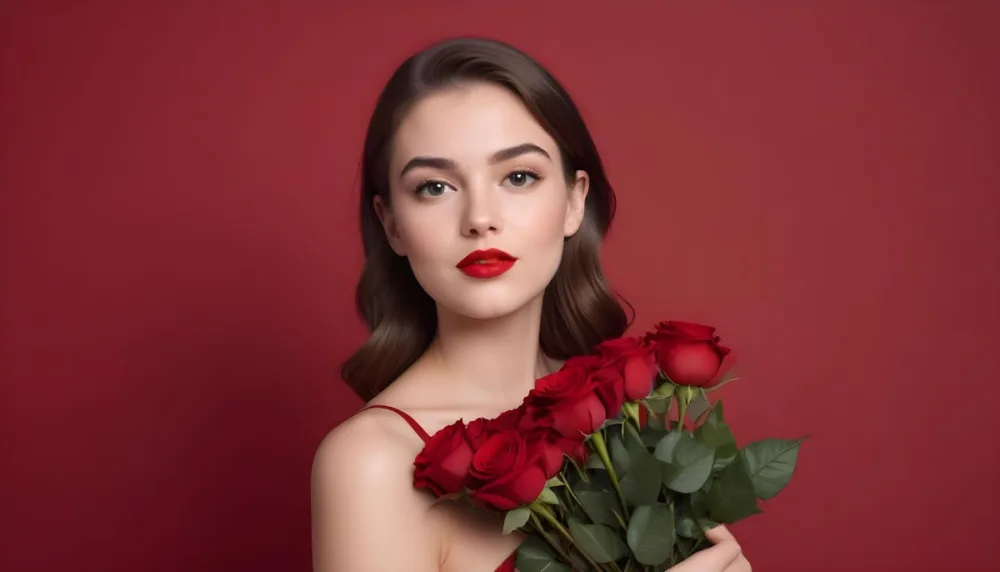 A Caucasian Woman 22 Years Old Red Lipstick Holding Red Roses In A Red Background 24 948c