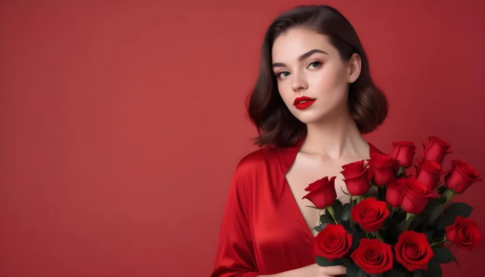 A Caucasian Woman 22 Years Old Red Lipstick Holding Red Roses In A Red Background 31 2fb2