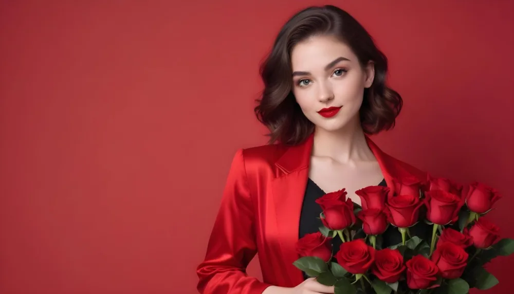 A Caucasian Woman 22 Years Old Red Lipstick Holding Red Roses In A Red Background 42 011c